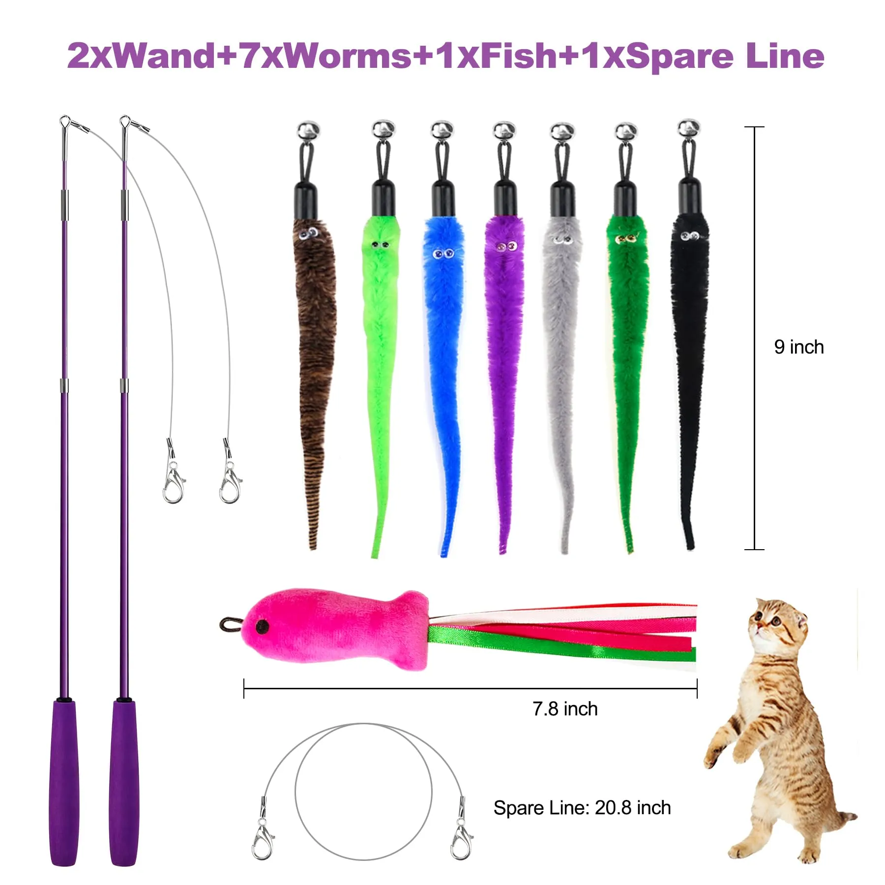 11PCS Cat Wand Toy, Cat Toys Interactive for Indoor Cats, 2 Retractable Cat Wand, 7 Worm Cat Teaser Toys and 1 Plush Fish Cat Toy, Cat Feather Toys for Play Chase Exercise with Kitten, Extra 1 Line