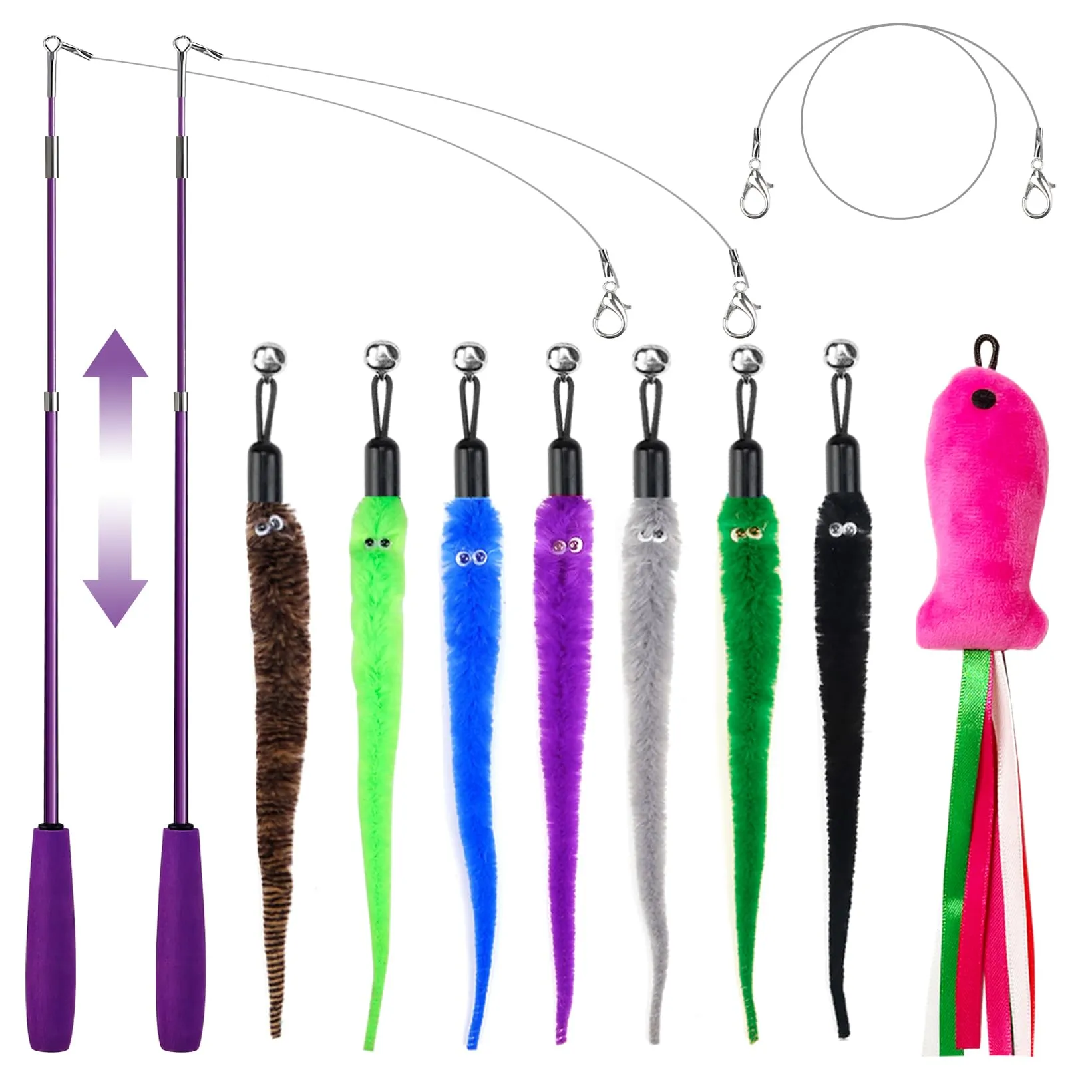 11PCS Cat Wand Toy, Cat Toys Interactive for Indoor Cats, 2 Retractable Cat Wand, 7 Worm Cat Teaser Toys and 1 Plush Fish Cat Toy, Cat Feather Toys for Play Chase Exercise with Kitten, Extra 1 Line