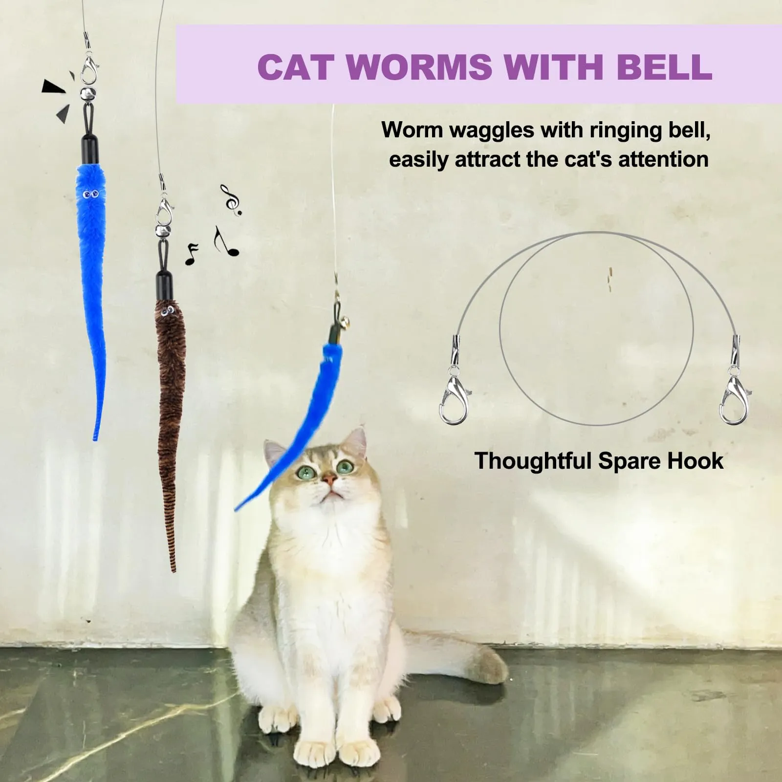 11PCS Cat Wand Toy, Cat Toys Interactive for Indoor Cats, 2 Retractable Cat Wand, 7 Worm Cat Teaser Toys and 1 Plush Fish Cat Toy, Cat Feather Toys for Play Chase Exercise with Kitten, Extra 1 Line