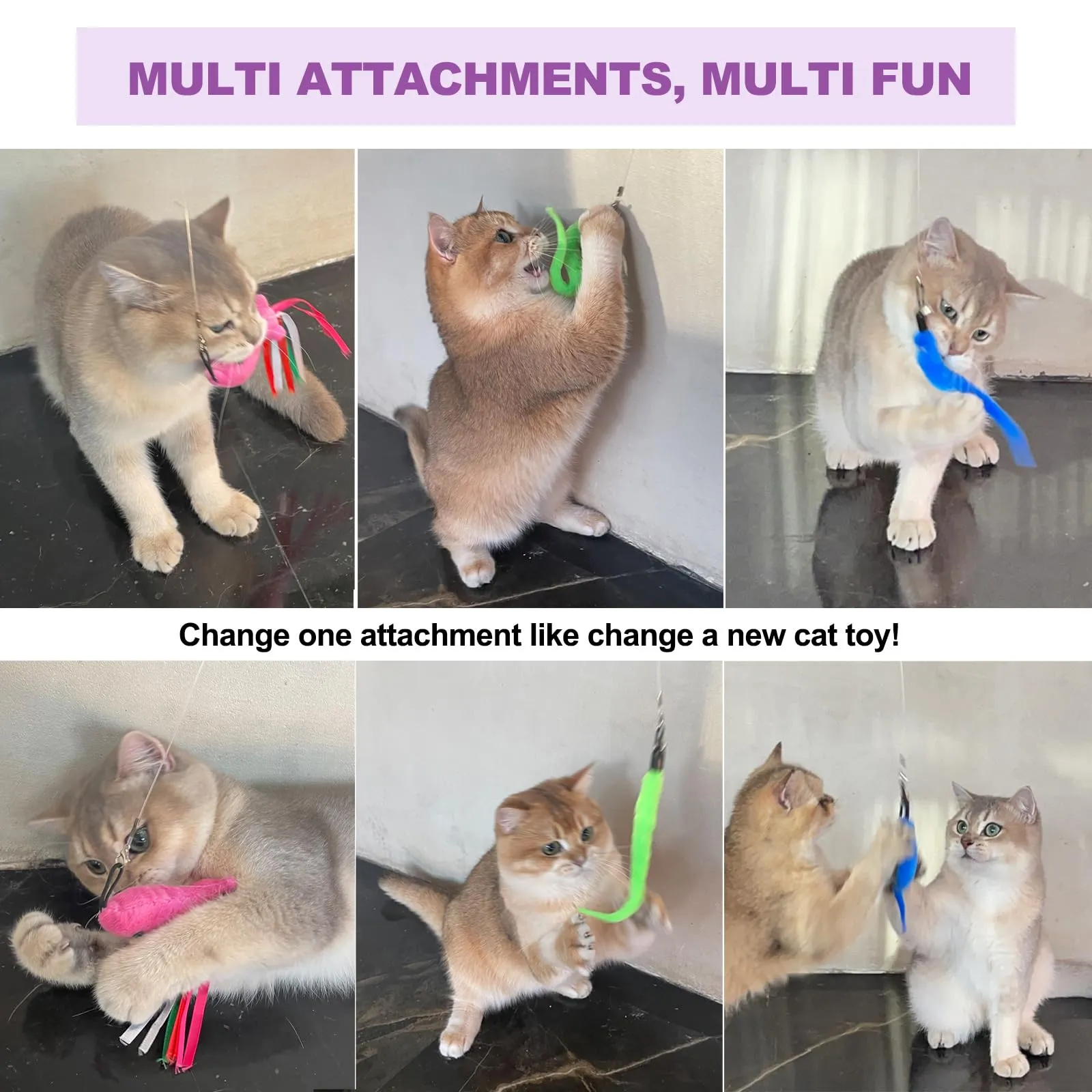 11PCS Cat Wand Toy, Cat Toys Interactive for Indoor Cats, 2 Retractable Cat Wand, 7 Worm Cat Teaser Toys and 1 Plush Fish Cat Toy, Cat Feather Toys for Play Chase Exercise with Kitten, Extra 1 Line