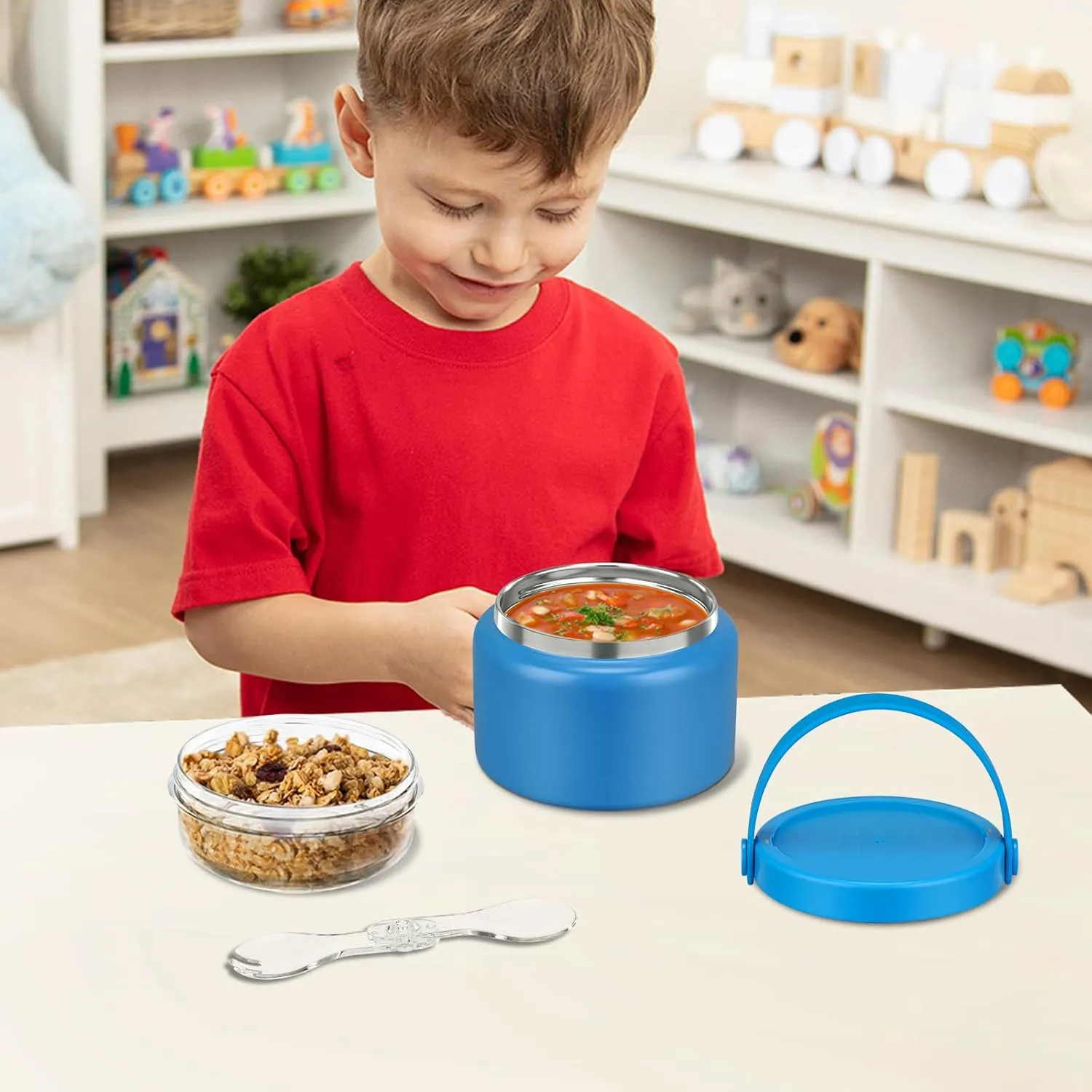2 in 1 Double Insulated Food Jar 8oz Soup Thermo with Snack Container Kids Thermo for Hot Food Lunch Containers Wide Mouth Vacuum Stainless Steel Leak Proof for School Travel(Blue)