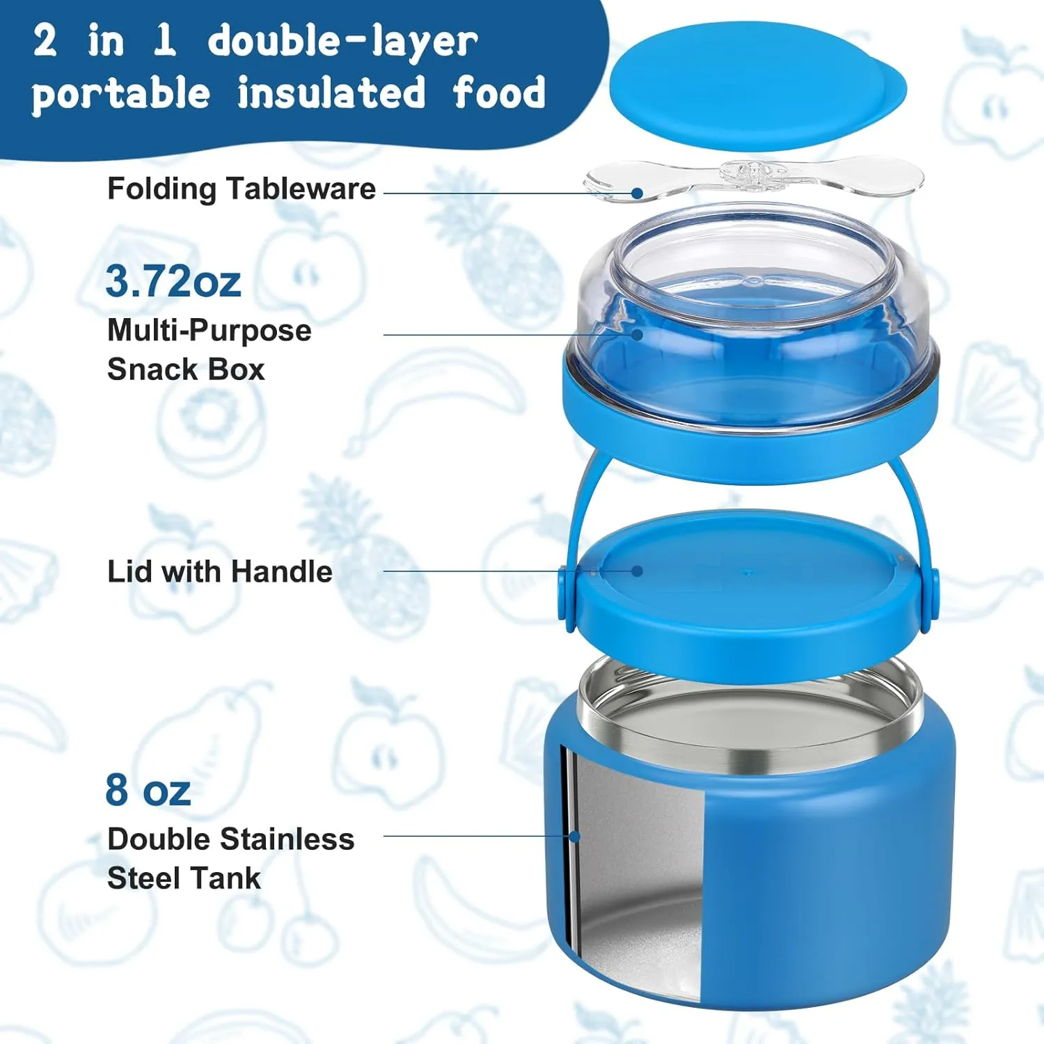 2 in 1 Double Insulated Food Jar 8oz Soup Thermo with Snack Container Kids Thermo for Hot Food Lunch Containers Wide Mouth Vacuum Stainless Steel Leak Proof for School Travel(Blue)