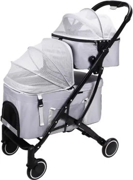 2 Layers pet Stroller for Dogs and Cats,4 Wheels pet pram cart with mesh Canopy,Foldable pet Trolley with Detachable Cabin Bag,Swivel Front Wheel,Rear Wheel with Foot Brakes