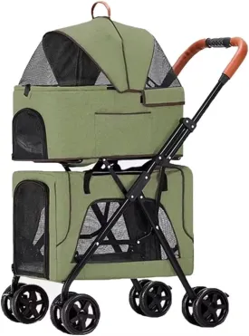 2 layers pet stroller for dogs and cats,4 wheels pet pram cart with mesh window and door,foldable pet trolley with detachable cabin bag,swivel front wheel,rear wheel with foot brakes