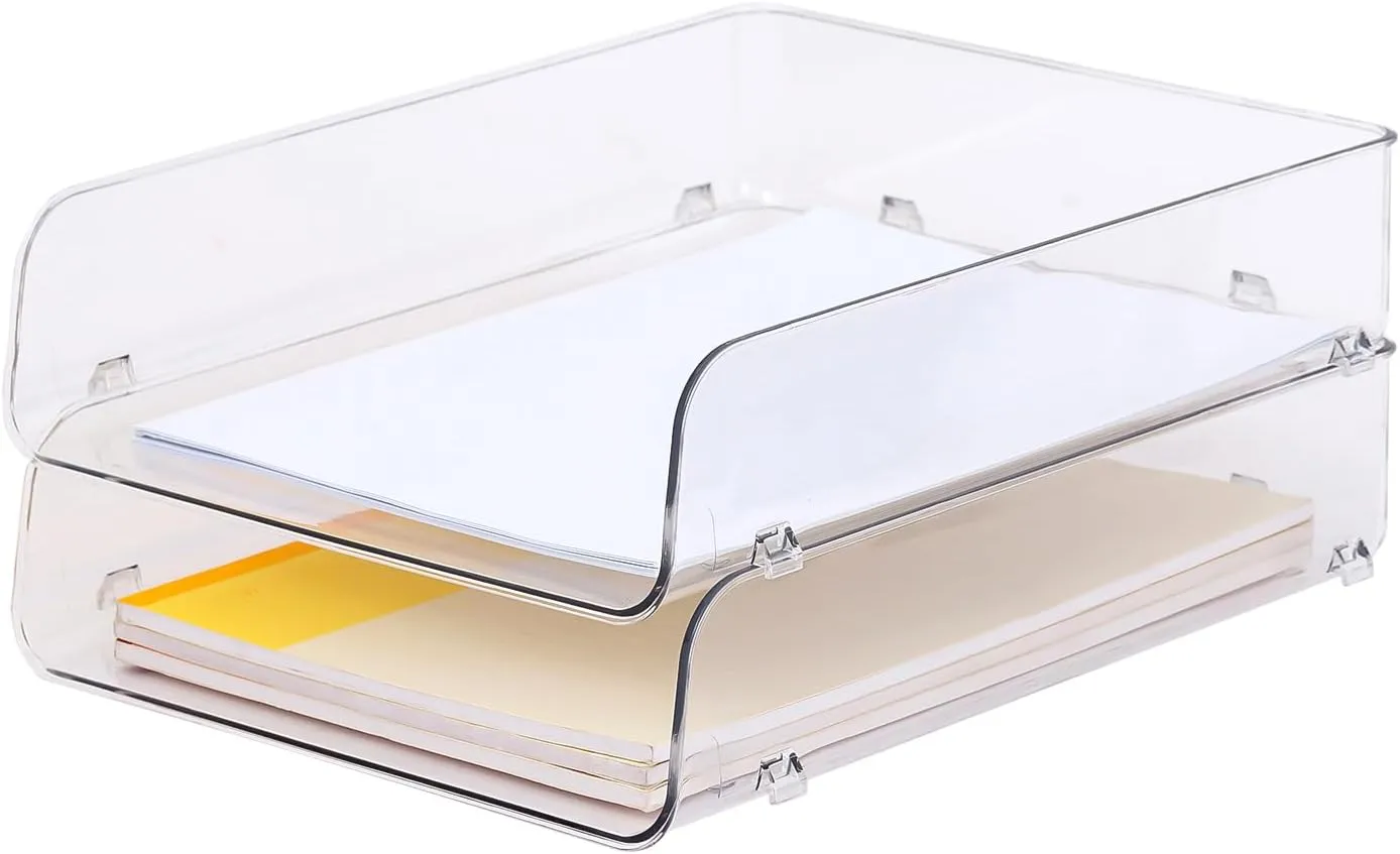 2 Pack Paper Organizer for Desk,Clear Stackable Paper Sray, Office Desk Organizer for Notes, Pens, File, Document, Paper Holder 