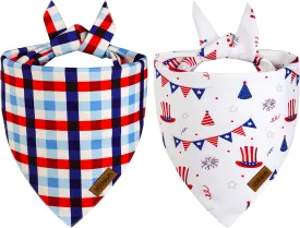 4th of July Dog Bandanas - 2 Pack Reversible American Flag Pet Scarf for Boy and Girl | Premium Durable Fabric | Plaid Patriotic Bandana for Small Medium Large and Extra Large Dogs (Large)