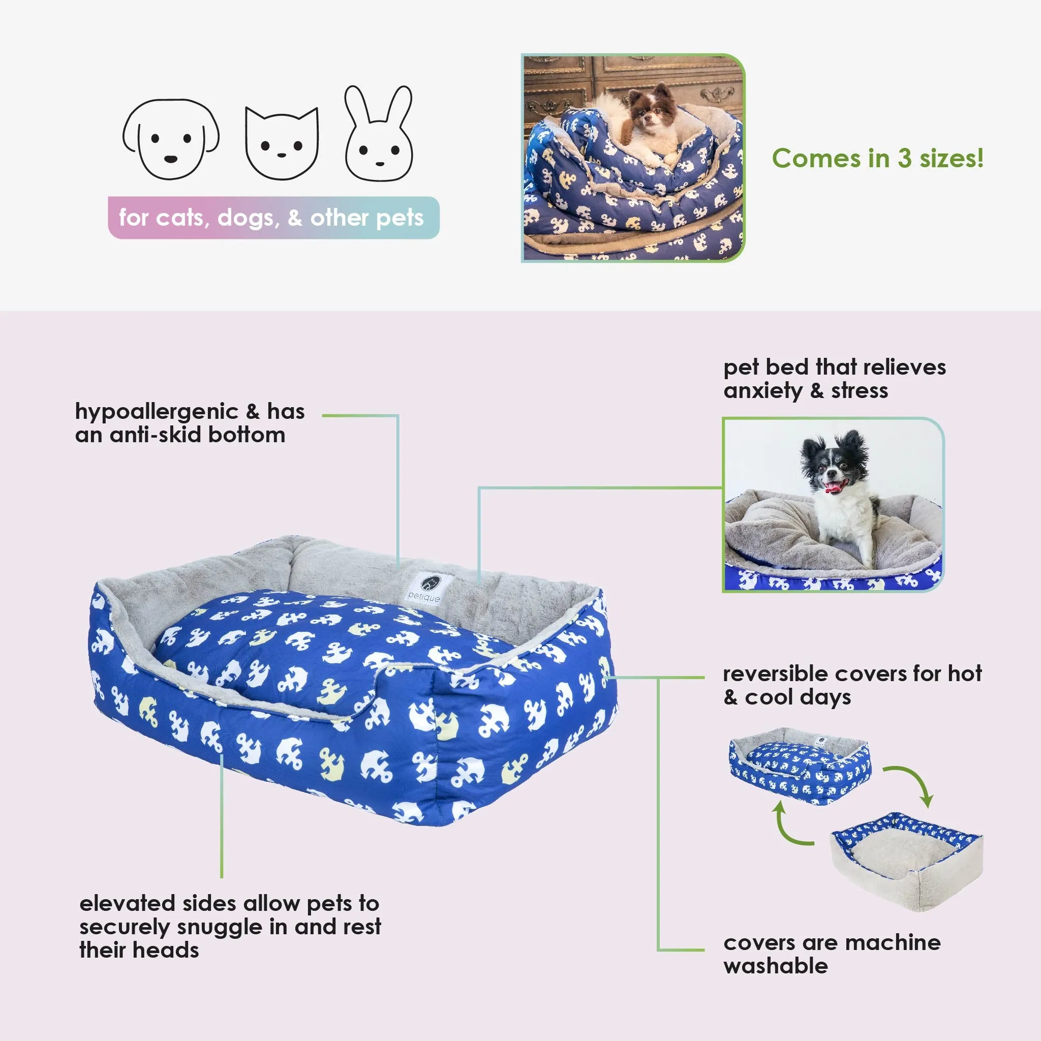 Anchor's Away Reversible Pet Bed Soft Calming Pet Bed, Anti-Anxiety, Nonskid Bottom, Premium Comfort Plus Pet Bed for Large/Medium/Small Dogs/Cats, SUPPORTS UP TO 90LBS (45"x30"x10")