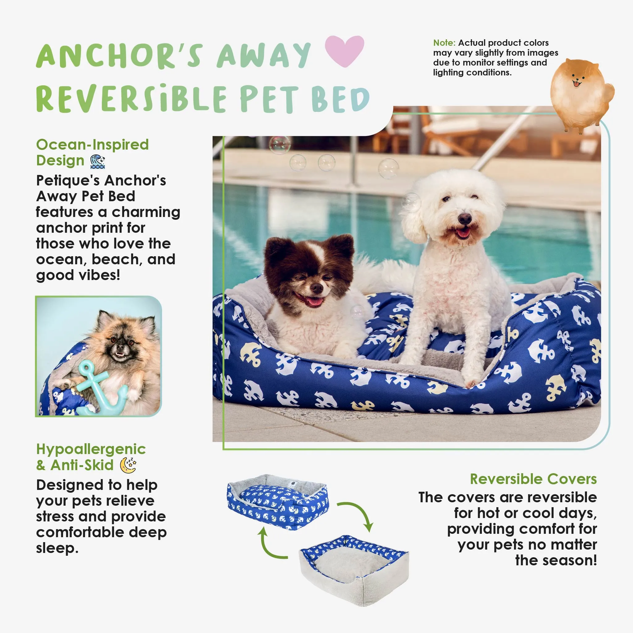 Anchor's Away Reversible Pet Bed Soft Calming Pet Bed, Anti-Anxiety, Nonskid Bottom, Premium Comfort Plus Pet Bed for Large/Medium/Small Dogs/Cats, SUPPORTS UP TO 90LBS (45"x30"x10")