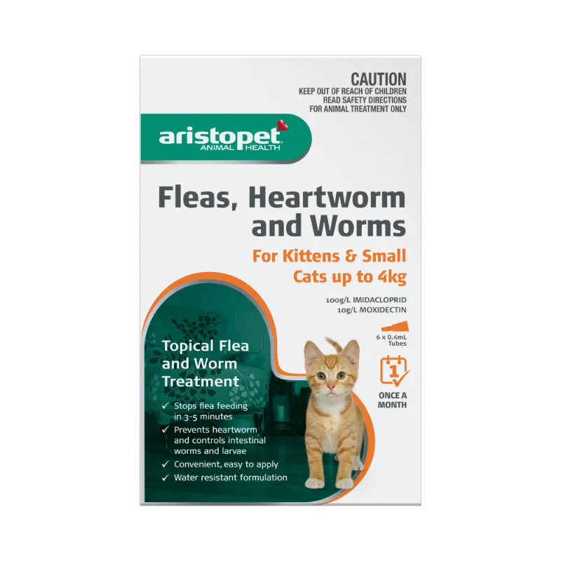 Aristopet Fleas, Heartworm and Worms Topical Treatment for Kittens and Small cats up to 4kg (6 pack)
