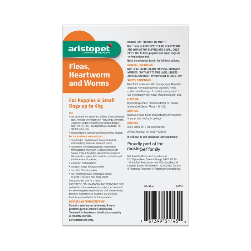 Aristopet Fleas, Heartworm and Worms Topical Treatment for Puppies and Small Dogs Up to 4kg (3 pack)