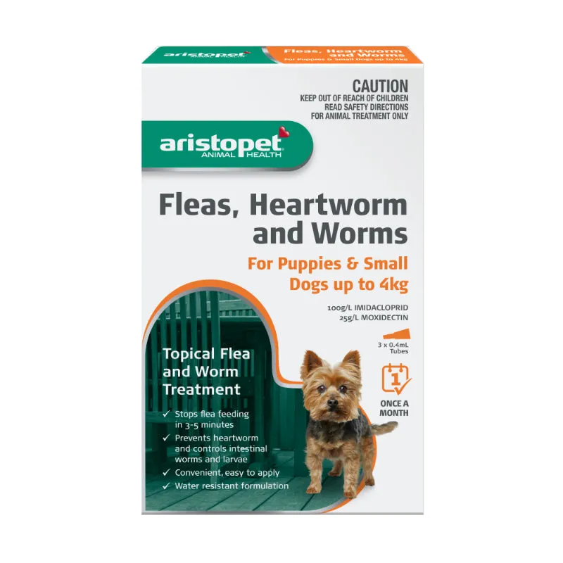 Aristopet Fleas, Heartworm and Worms Topical Treatment for Puppies and Small Dogs Up to 4kg (3 pack)