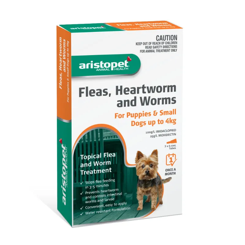 Aristopet Fleas, Heartworm and Worms Topical Treatment for Puppies and Small Dogs Up to 4kg (3 pack)
