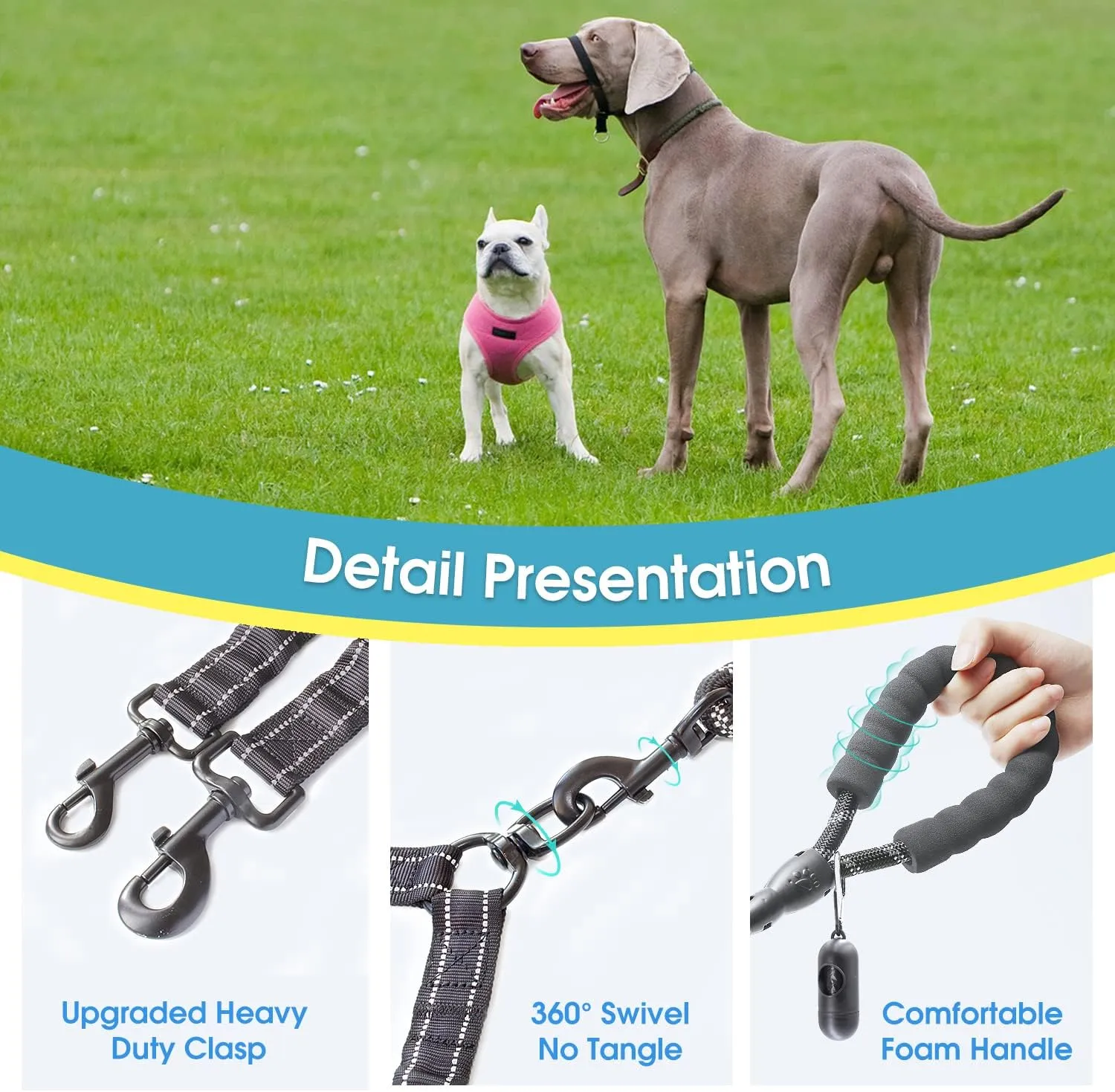BAAPET Double Dog Leash, 4 FT Rope Dog Leash with Tangle Free Shock Absorbing Bungee and Poop Bags for Dual Small Medium Large Dogs (Medium/Large, Black)