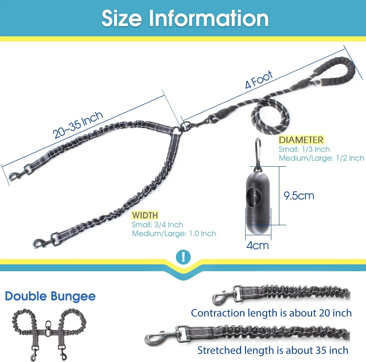 BAAPET Double Dog Leash, 4 FT Rope Dog Leash with Tangle Free Shock Absorbing Bungee and Poop Bags for Dual Small Medium Large Dogs (Medium/Large, Black)