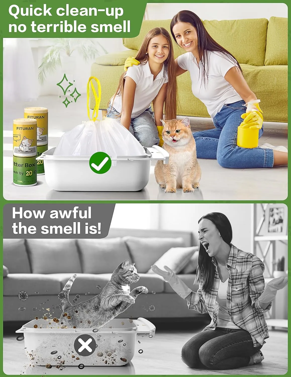 Cat Litter Box Liners Ultrathick 26 x 16 inch Heavy Duty Drawstring Bags 80 CountCompatible with Litter Robot 3/4Scratch-Resistant, Leak Proof, Cat litter Box Waste Bags for Pet Kitty