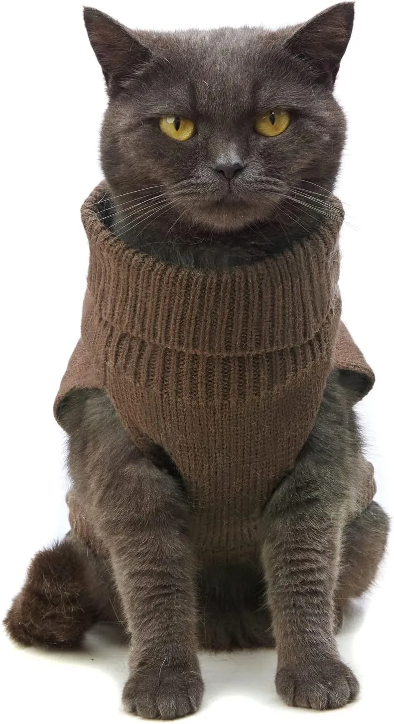 Cat Sweater Keep Your Pets Cozy, 16 Color Turtleneck Knitted Sleeveless Cat Clothes, Winter Outfits for Cats & Small Dogs During Cold Seasons (Brown, Medium)