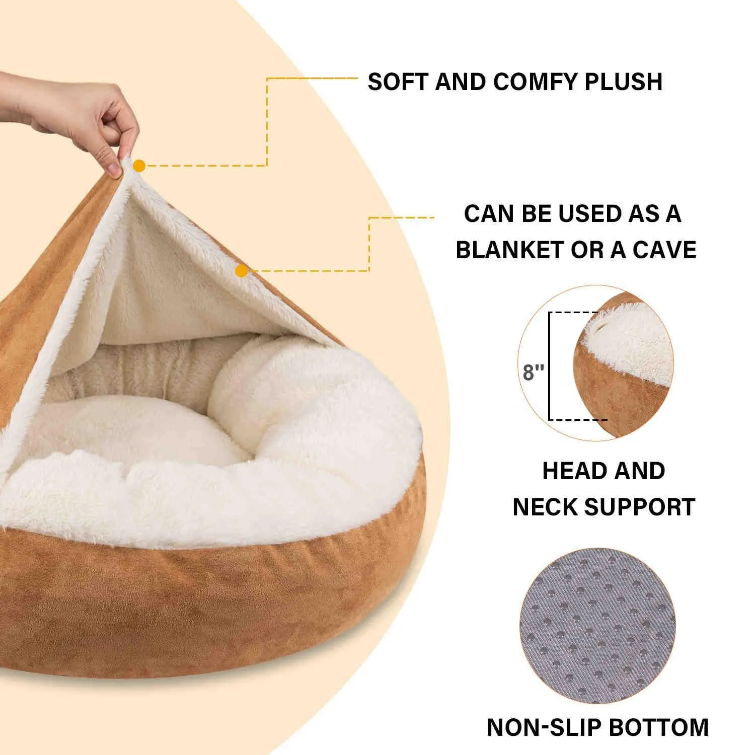Covered Pet Bed, Washable, Khak, 1 Pack