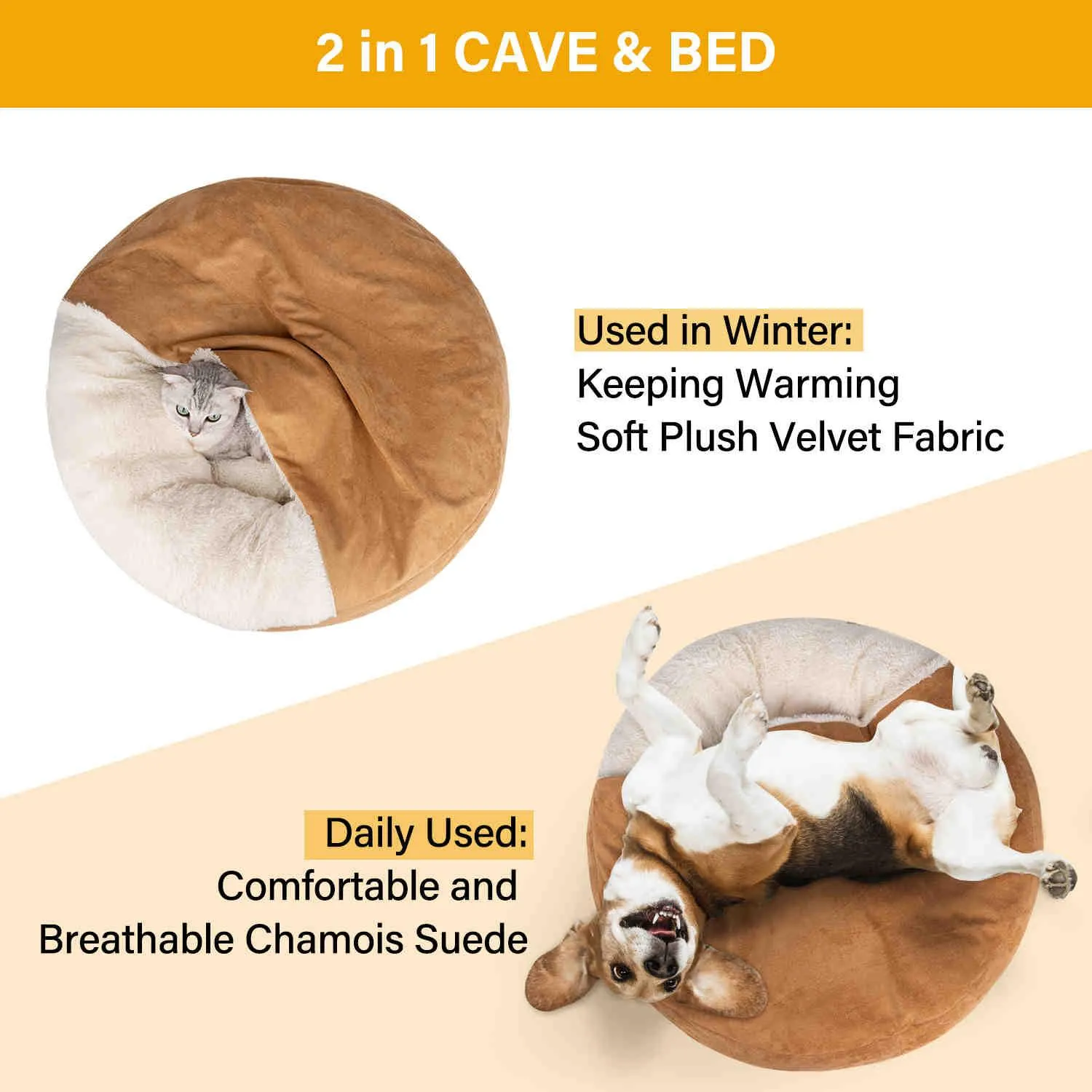 Covered Pet Bed, Washable, Khak, 1 Pack