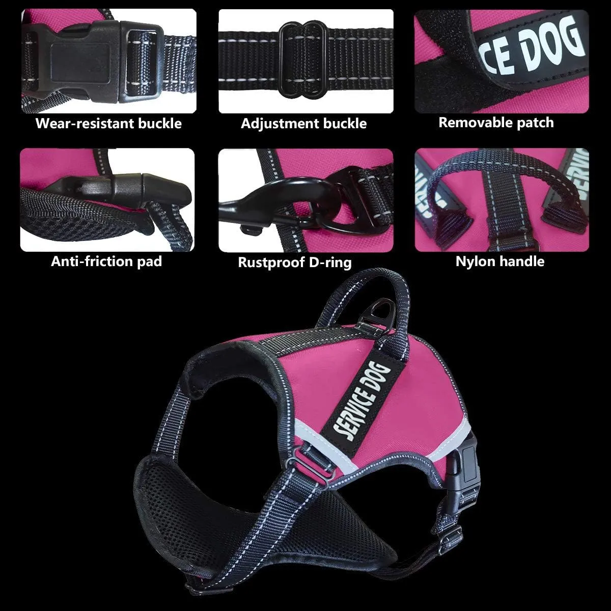 Cymiler Dog Harness,No-Pull Service Dog Harness with Handle,Adjustable Comfort Pet Dog Vest Harness for Outdoor Walking (L:Neck 18.1-27.6"|Chest 24-36.6", Rose Red)