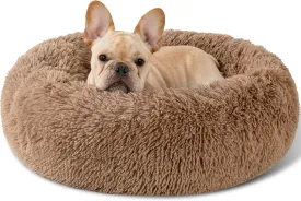 Dog Calming Beds for Small Medium Large Dogs - Round Donut Washable Dog Bed, Anti-Slip Faux Fur Fluffy Donut Cuddler Anxiety Cat Bed(28" Khaki