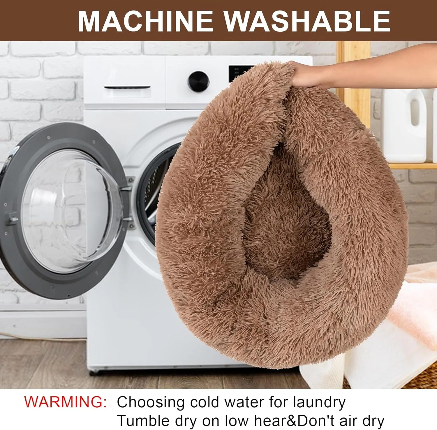 Dog Calming Beds for Small Medium Large Dogs - Round Donut Washable Dog Bed, Anti-Slip Faux Fur Fluffy Donut Cuddler Anxiety Cat Bed(28" Khaki
