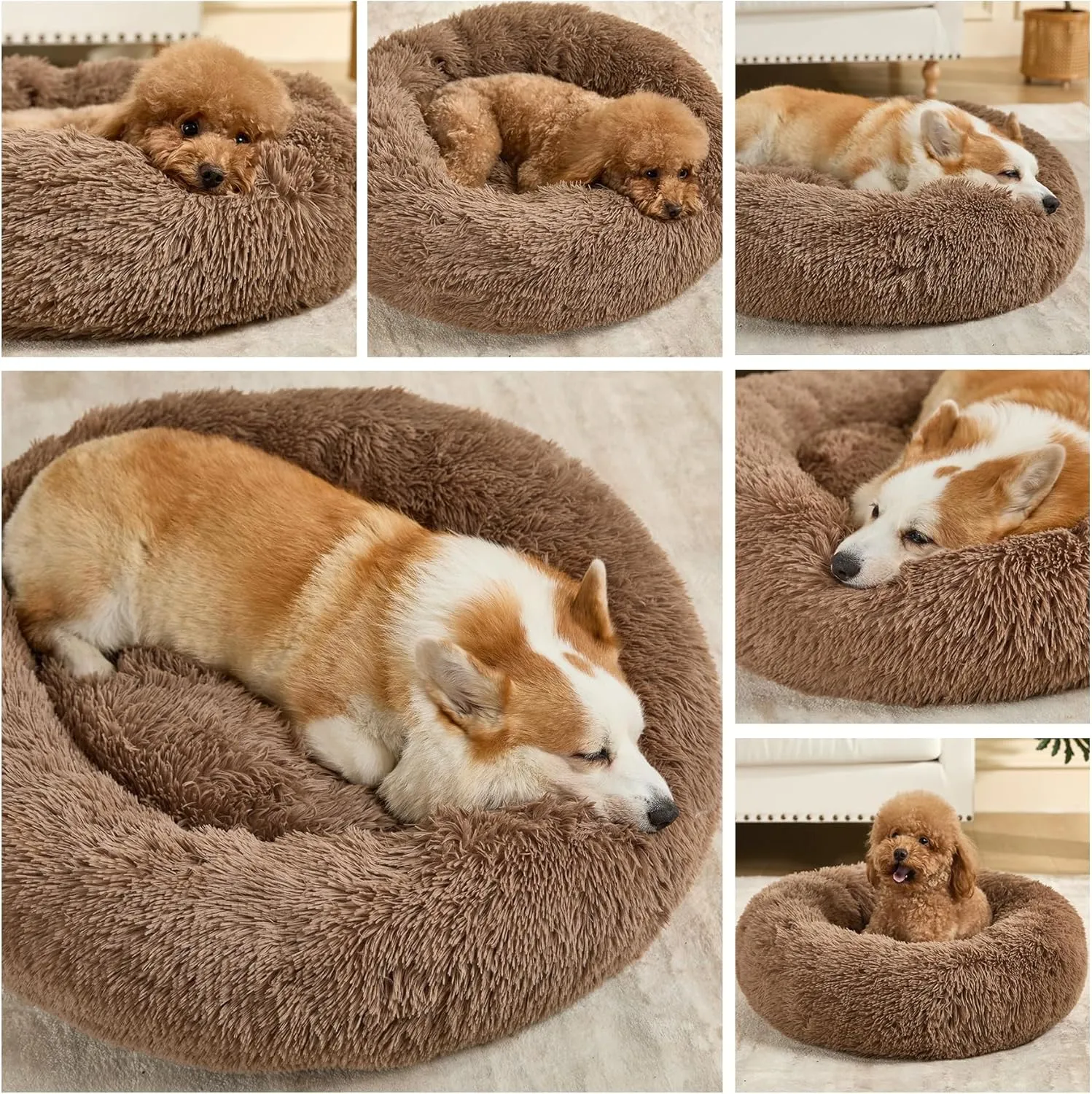 Dog Calming Beds for Small Medium Large Dogs - Round Donut Washable Dog Bed, Anti-Slip Faux Fur Fluffy Donut Cuddler Anxiety Cat Bed(28" Khaki
