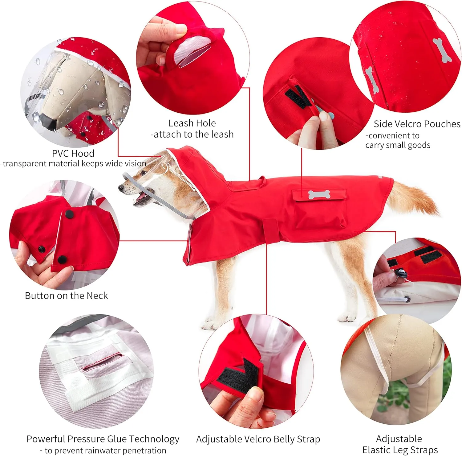 Dog Raincoat,Waterproof Rain Poncho with Hoodie, High Reflective Adjustable Pet Rain Jacket with Leash Hole for Small Medium and Large Dogs (Red, Medium)