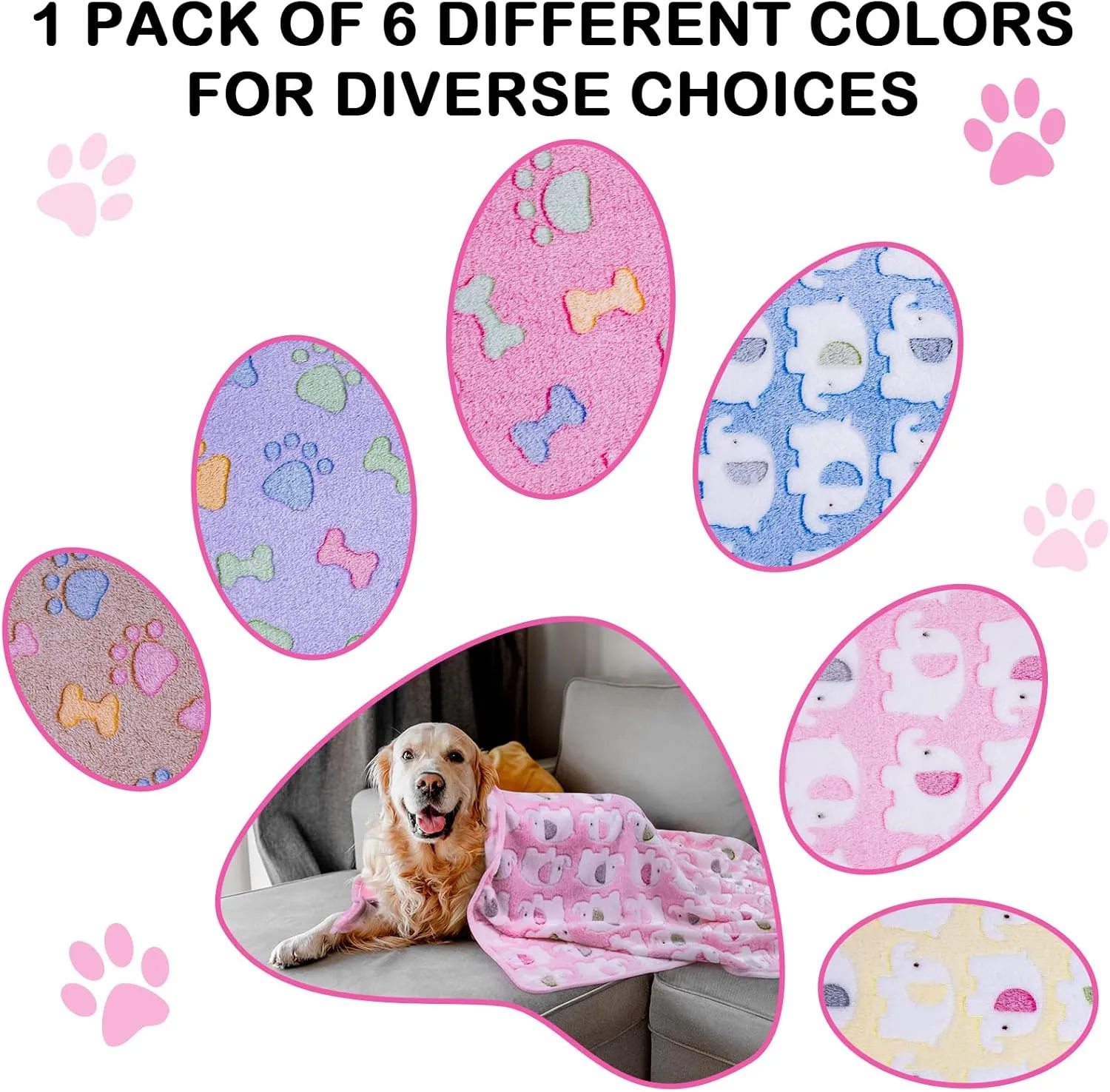 Dono 1 Pack 6 Dog Blankets, Soft Fluffy Fleece Pet Blanket Warm Sleep Mat Paw Print Design Puppy Kitten Throw Blankets Doggy Blanket for Dogs