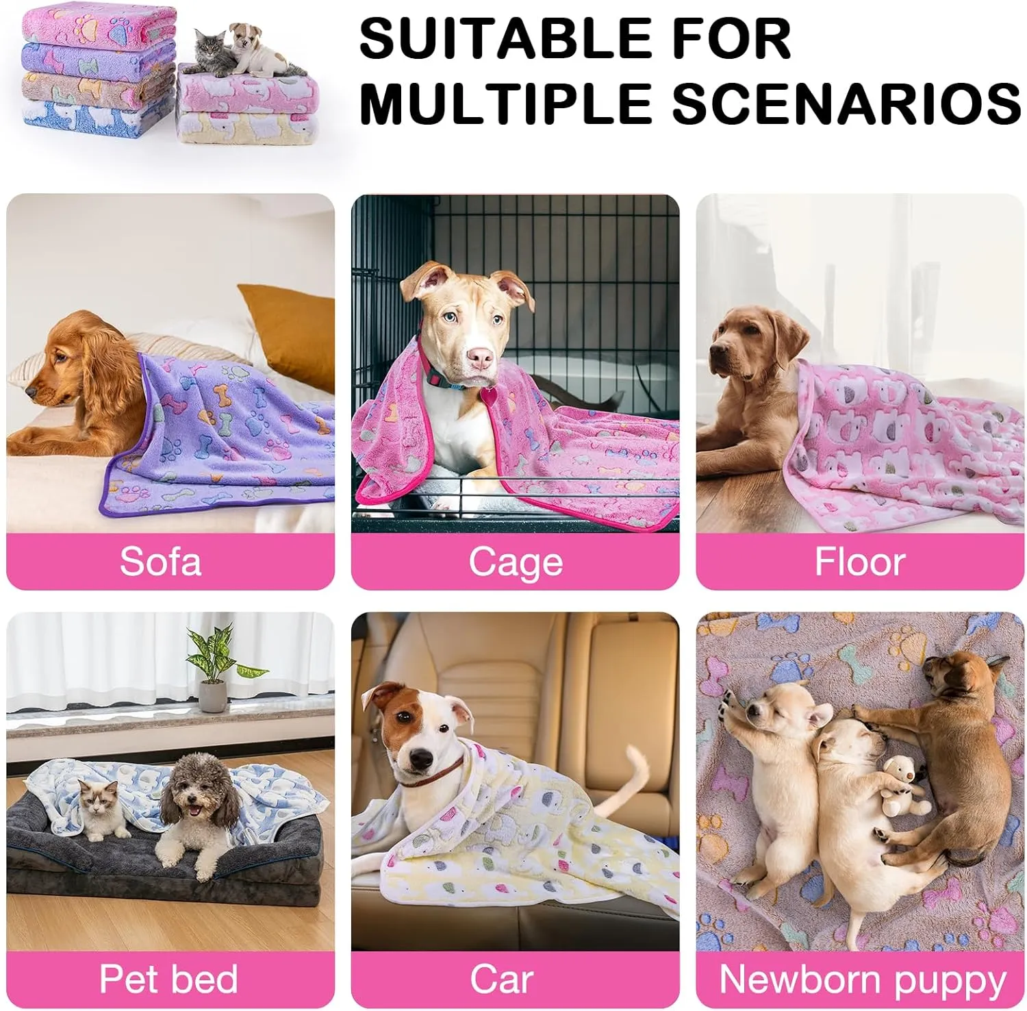 Dono 1 Pack 6 Dog Blankets, Soft Fluffy Fleece Pet Blanket Warm Sleep Mat Paw Print Design Puppy Kitten Throw Blankets Doggy Blanket for Dogs