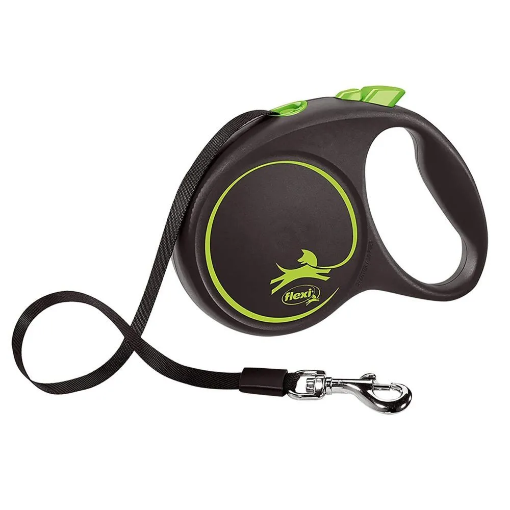 Flexi 5m Large Black Design with Green Tape Retractable Dog Lead