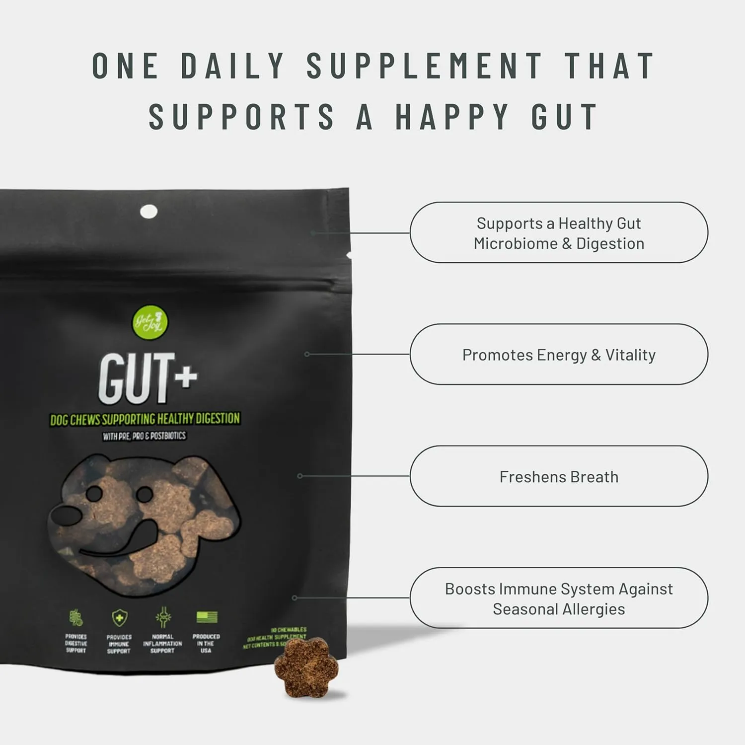 Get Joy Gut  Probiotic Chews for Dogs, 90 Soft Chews, Chicken Flavor, Supports Digestive Health & Immunity, with Pre, Pro & Postbiotics, PhD Animal Nutritionist Formulated, Produced in USA