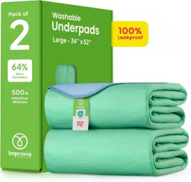 IMPROVIA Washable Underpads, 34" x 52" (Pack of 2) - Heavy Absorbency Reusable Incontinence Pads for Kids, Adults, Elderly, and Pets - Waterproof Protective Pad for Bed, Couch, Sofa, Furniture, Floor
