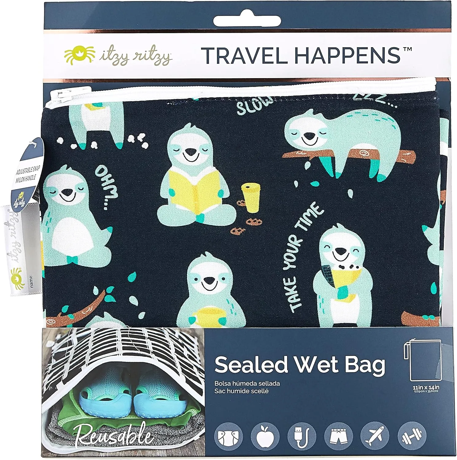 Itzy Ritzy Sealed Wet Bag with Handle  Wet Bag for Travel, Swimsuits, Cloth Diapers, Gym Clothes & Toiletries - Washable & Reusable with Water Resistant Lining - Measures 11 x 14 (PhiliSLOTHical)