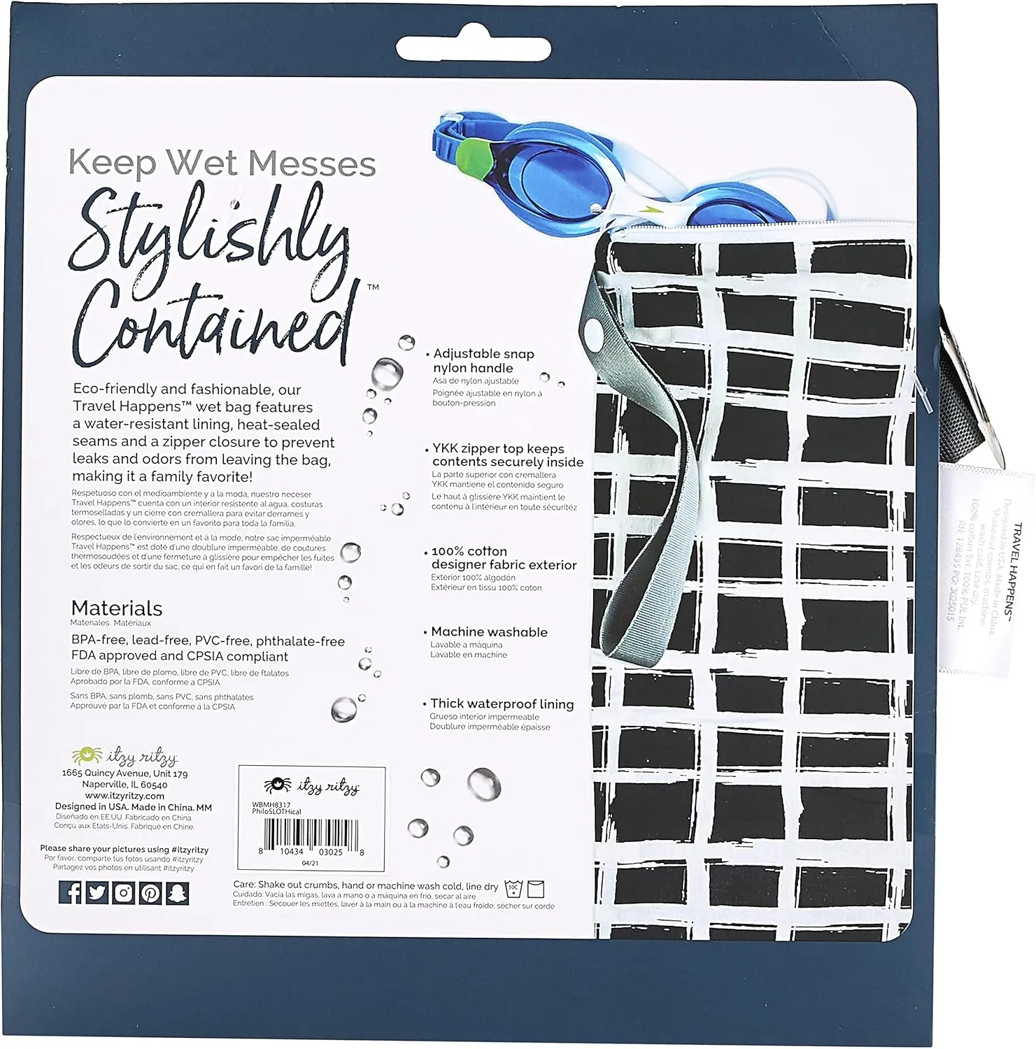 Itzy Ritzy Sealed Wet Bag with Handle  Wet Bag for Travel, Swimsuits, Cloth Diapers, Gym Clothes & Toiletries - Washable & Reusable with Water Resistant Lining - Measures 11 x 14 (PhiliSLOTHical)