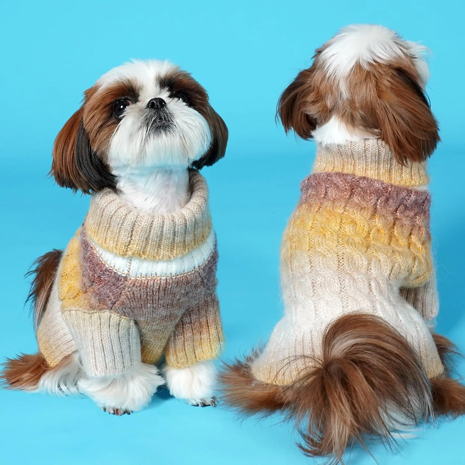 KYEESE Dog Sweater Cable Knit Thick Fuzzy Dog Knitwear Turtleneck Warm with Sleeves Dogs Clothes Gradient Color, Brown, XLarge