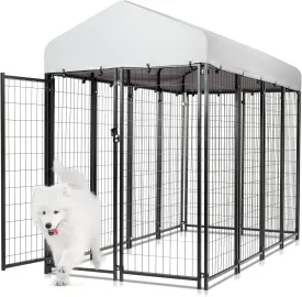 Large Outdoor Dog Kennel, 8' x 4' x 6' Heavy Duty Dog Playpen Dog Run Cage with Lockable Door and Water-Resistant Canopy, Welded Wire Steel Dog Playpen Fence for Medium and Large Dogs