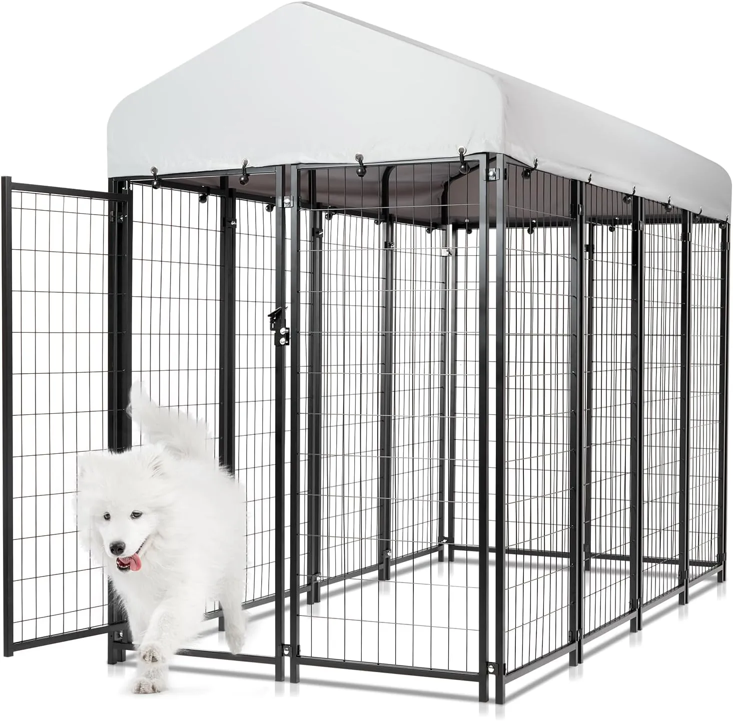 Large Outdoor Dog Kennel, 8' x 4' x 6' Heavy Duty Dog Playpen Dog Run Cage with Lockable Door and Water-Resistant Canopy, Welded Wire Steel Dog Playpen Fence for Medium and Large Dogs