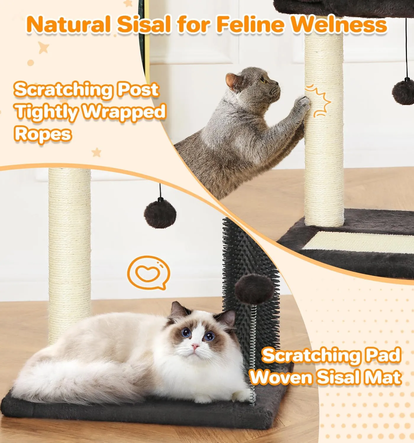 Made4Pets Small Cat Tree Tower, Cat Scratching Post 4-in-1 with Cat Self Groomer Brush, 20" Tall Natural Sisal Cat Scratcher, Soft Plush Cat Perch Bed with Dangling Ball for Indoor Kittens, Dark Grey