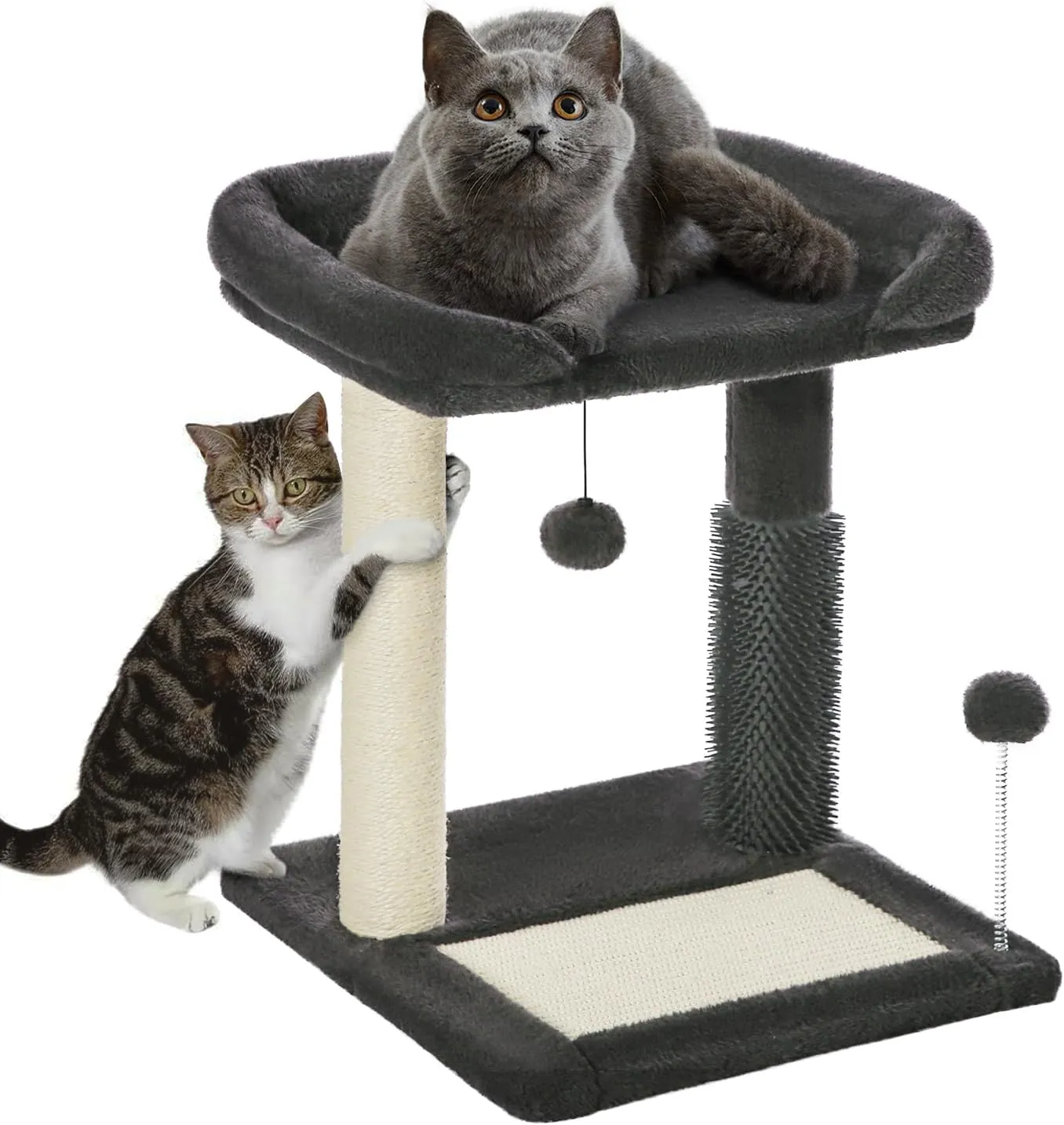 Made4Pets Small Cat Tree Tower, Cat Scratching Post 4-in-1 with Cat Self Groomer Brush, 20" Tall Natural Sisal Cat Scratcher, Soft Plush Cat Perch Bed with Dangling Ball for Indoor Kittens, Dark Grey
