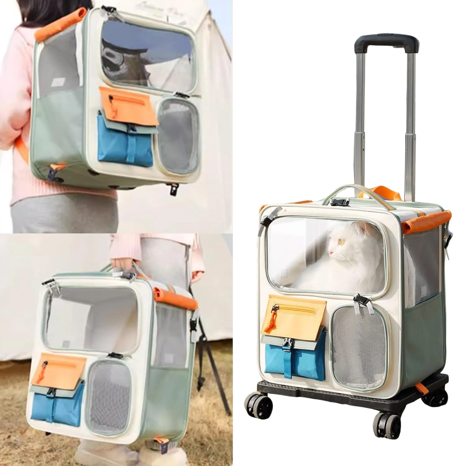 MANON ROSA Cat Backpack Carrier with Removable Wheels & Feeding Window Large Capacity Breathable Portable Pet Travel Bag for Small Dogs, Cats, and Kittens Under 27lbs Outdoor Use