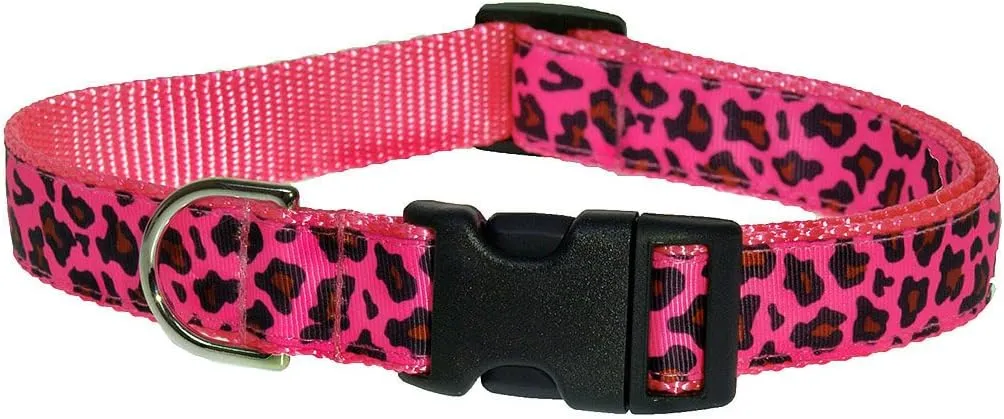 Medium Pink Leopard Dog Collar: 3/4" Wide, Adjusts 13-20" - Made in USA.