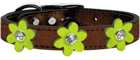 Metallic Flower Leather Collar Bronze With Metallic Lime Green Flowers Size 16
