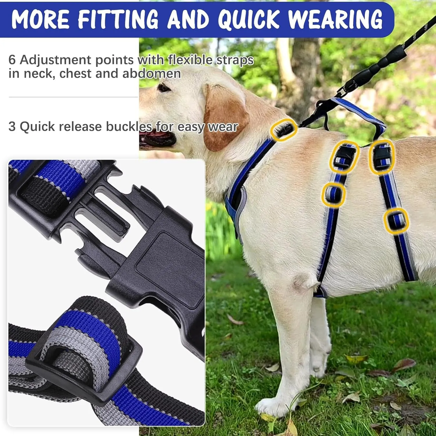 Mihachi Escape Proof Dog Harness - No Pull Dog Harness with Handle, Soft Padded Reflective and Adjustable Full Body Pet Harness Vest for Medium Large Dogs Walking Hiking Training, Blue Large