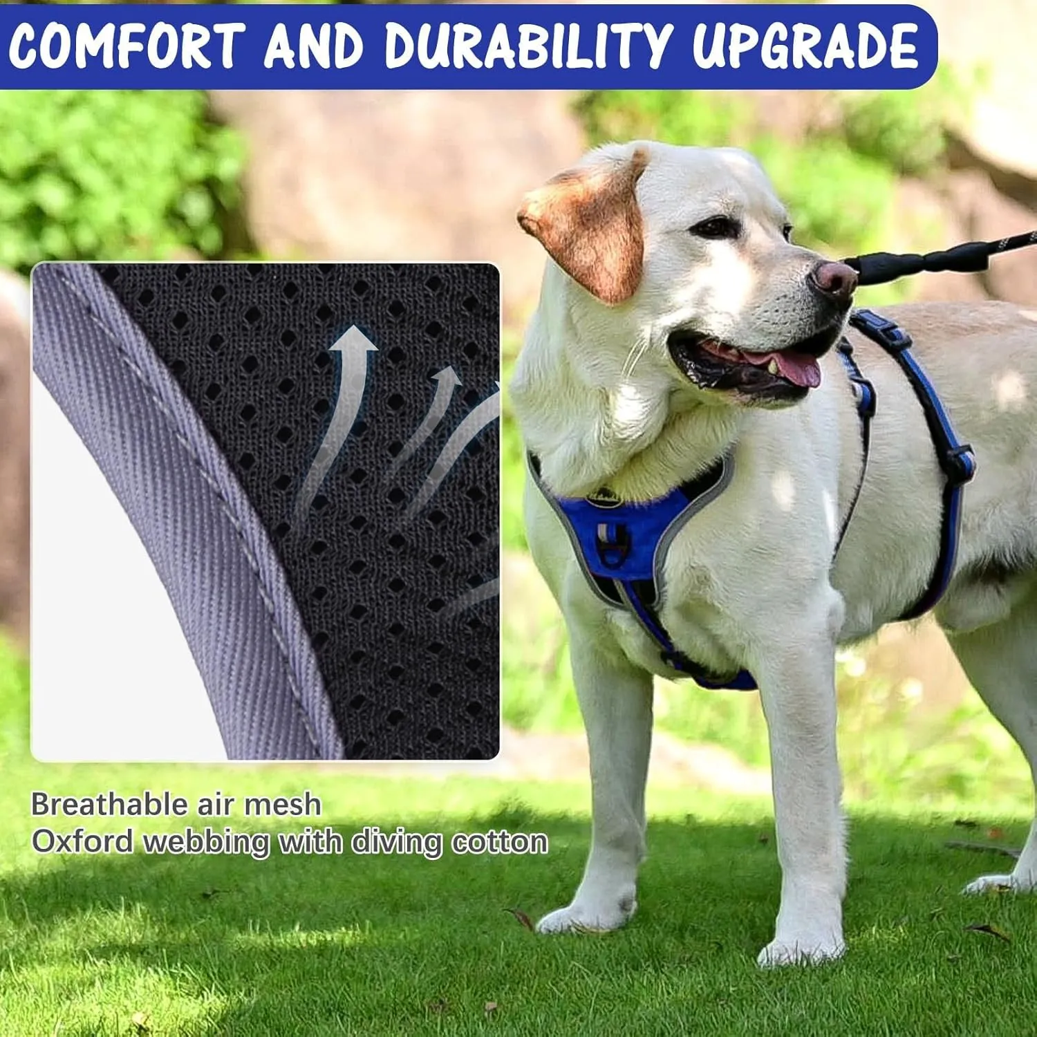 Mihachi Escape Proof Dog Harness - No Pull Dog Harness with Handle, Soft Padded Reflective and Adjustable Full Body Pet Harness Vest for Medium Large Dogs Walking Hiking Training, Blue Large