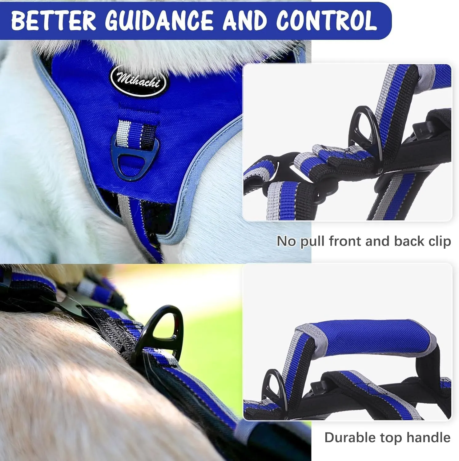 Mihachi Escape Proof Dog Harness - No Pull Dog Harness with Handle, Soft Padded Reflective and Adjustable Full Body Pet Harness Vest for Medium Large Dogs Walking Hiking Training, Blue Large
