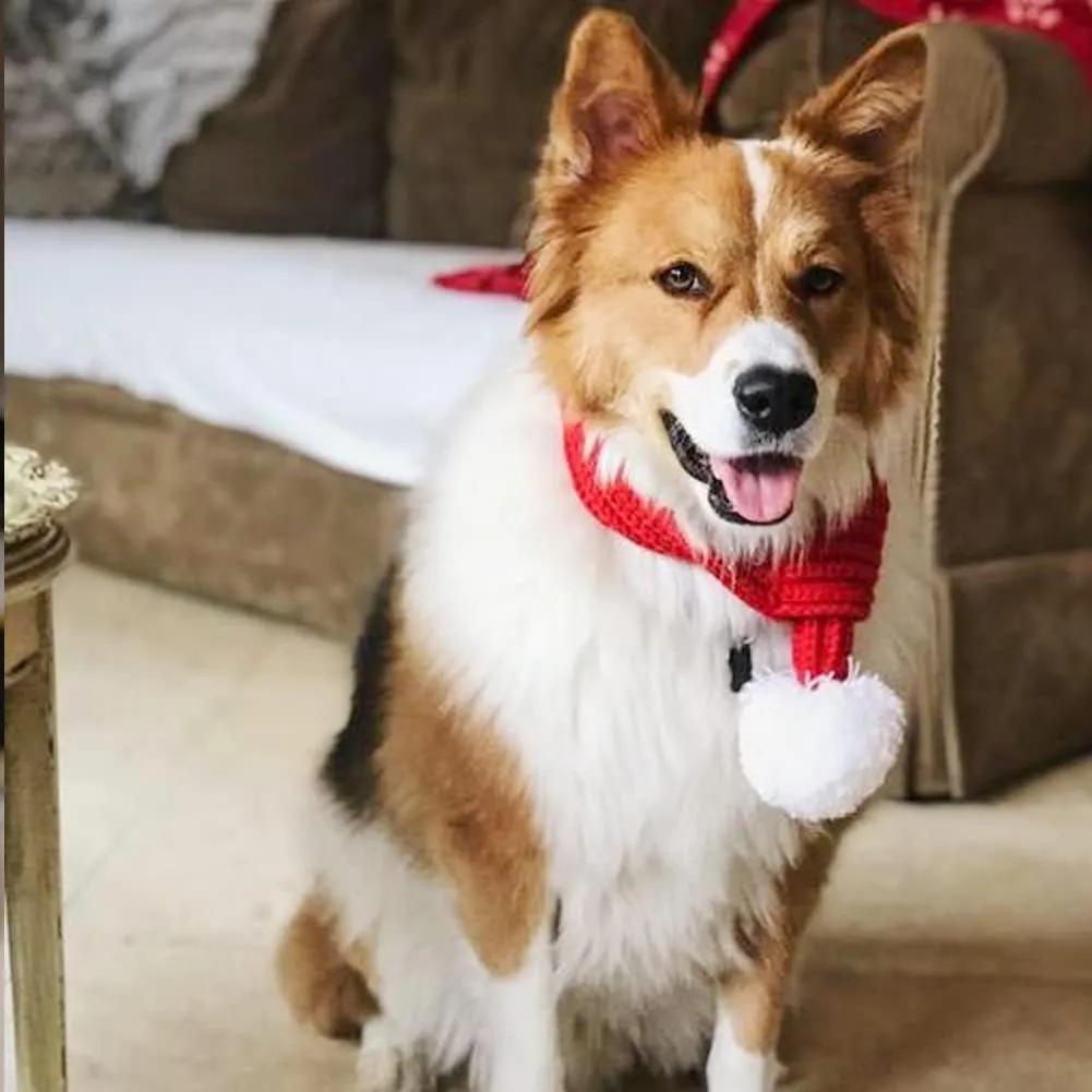 NACOCO Christmas Dog Knitted Scarf with White Pompom Warm Bandana Winter Holiday Pet Accessories Cat Scarves for Small Medium Cats Dogs Lovely Winter Outfits (M, Red)