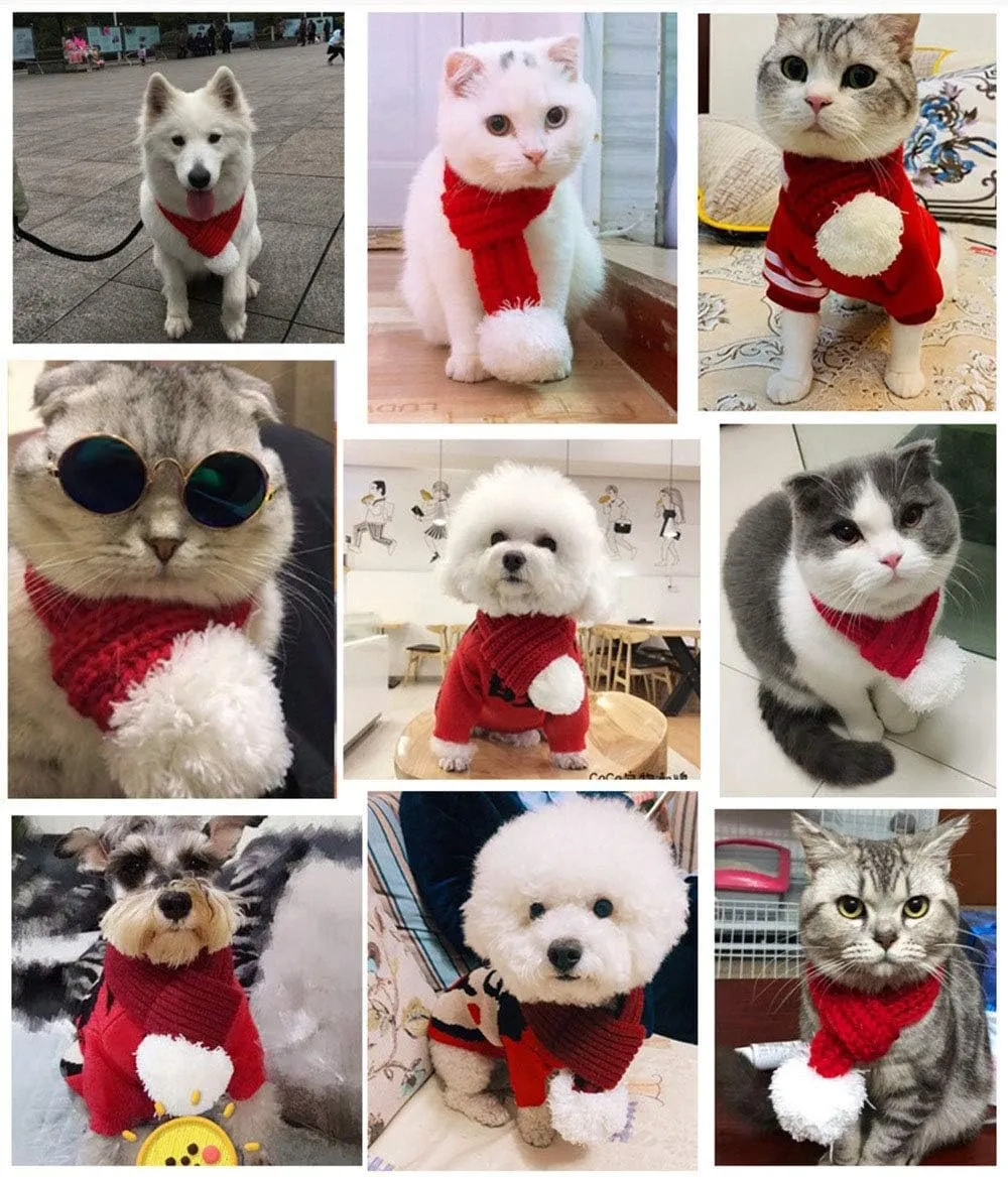 NACOCO Christmas Dog Knitted Scarf with White Pompom Warm Bandana Winter Holiday Pet Accessories Cat Scarves for Small Medium Cats Dogs Lovely Winter Outfits (M, Red)
