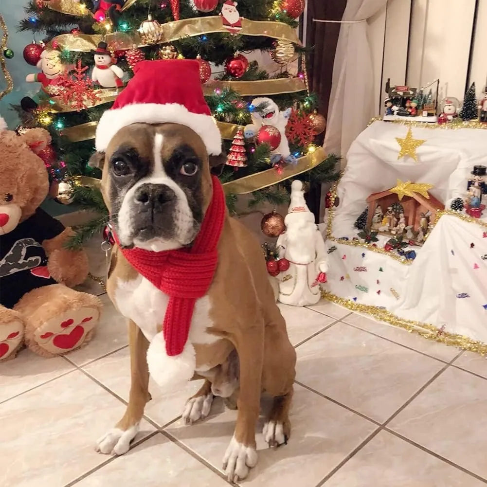 NACOCO Christmas Dog Knitted Scarf with White Pompom Warm Bandana Winter Holiday Pet Accessories Cat Scarves for Small Medium Cats Dogs Lovely Winter Outfits (M, Red)