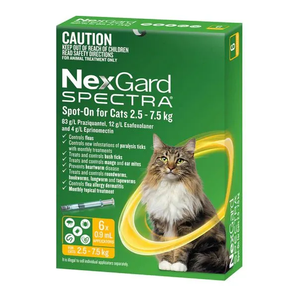 Nexgard Spectra Cat 2.5-7.5kg Large Spot On All in One Flea and Worm Treatment 6 Pack^^^