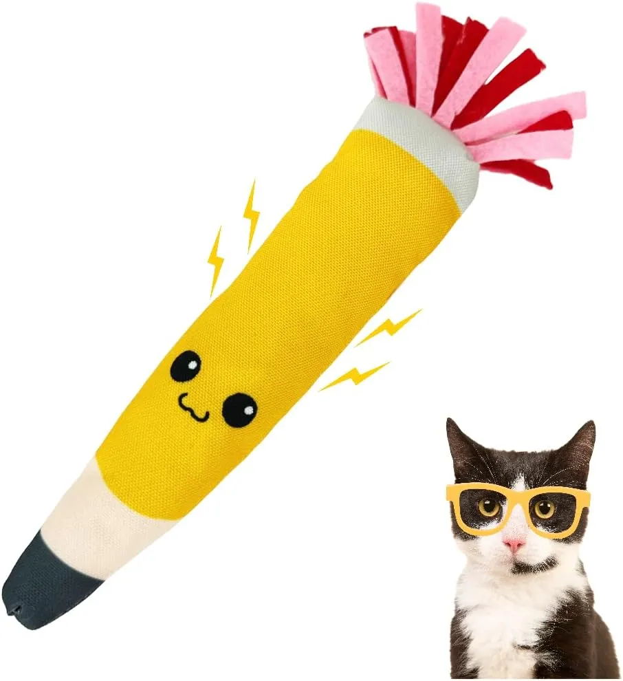 Pencil Kicker Catnip Toy w/ Long Shape & Bite Resistant Plush for Cat Chew Toy w/ Crinkle Paper & Organic Catnip